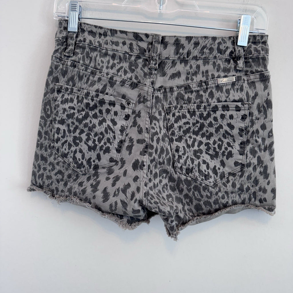 KanCan Leopard Print Denim Shorts Women Medium Frayed Raw Hem Y2K Boutique