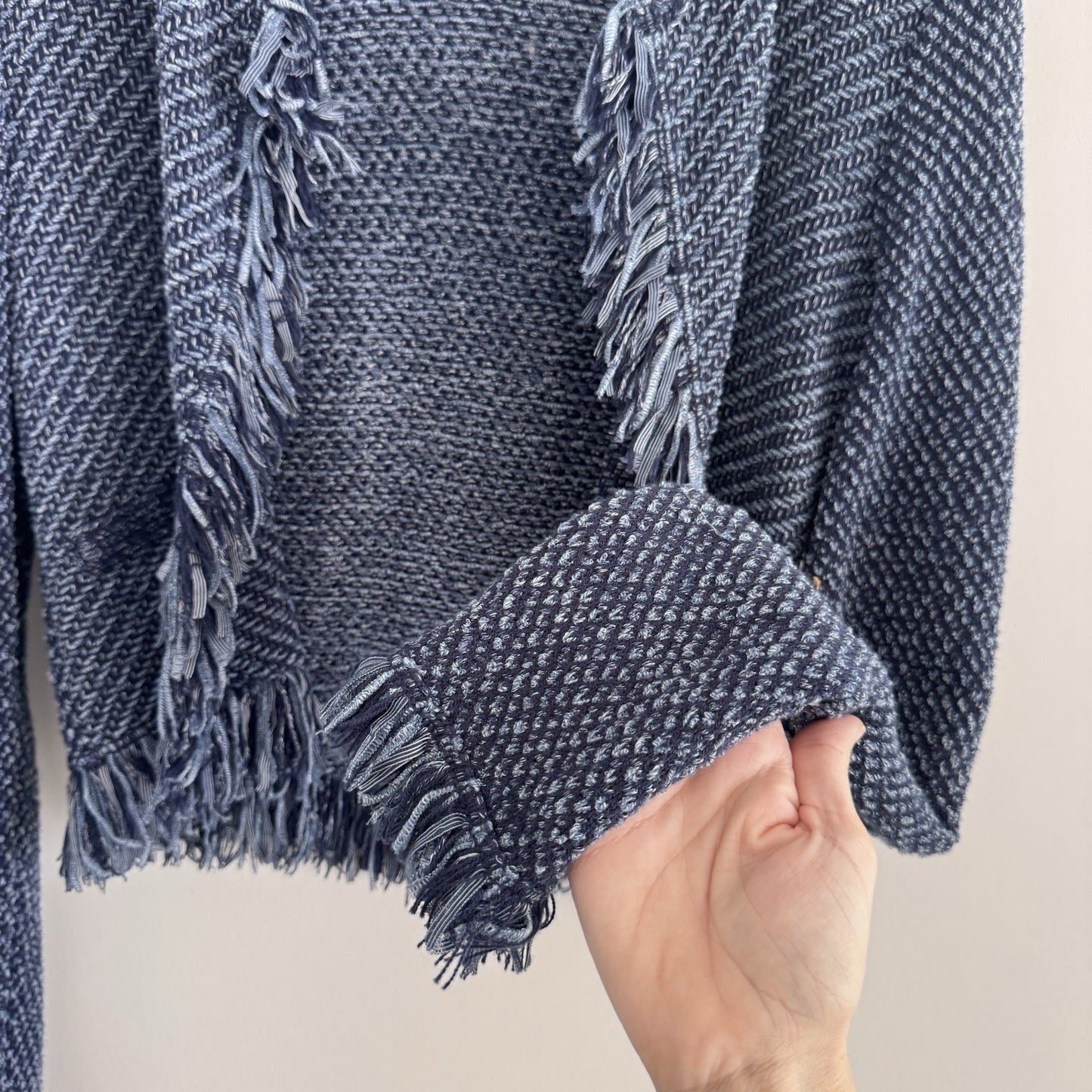 White House Black Market Fringe Knit Cardigan Blue Small Open Front