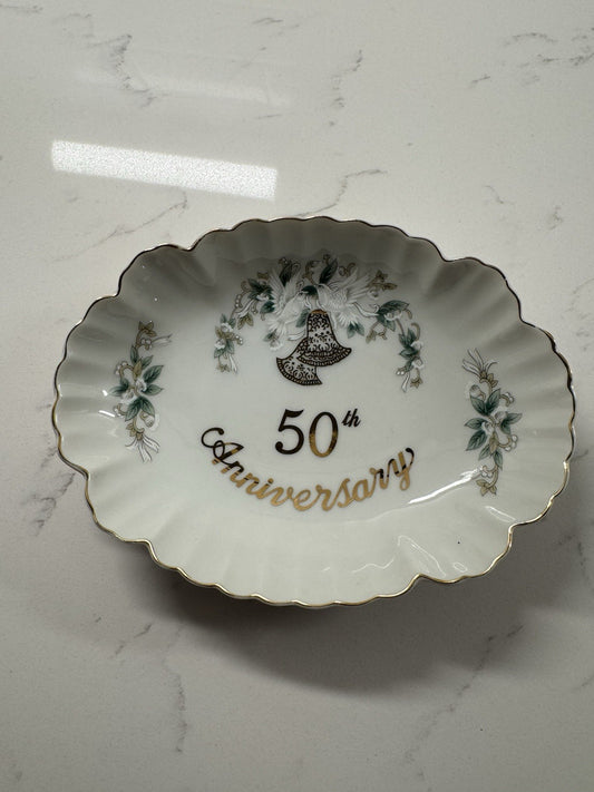 Vintage Anniversary -50th dish Lefton China Scalloped w/ White Doves Bells