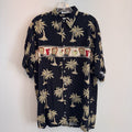Pierre Cardin Hawaiian Shirt Mens Medium Black Rayon Palm Tree Tropical Drinks