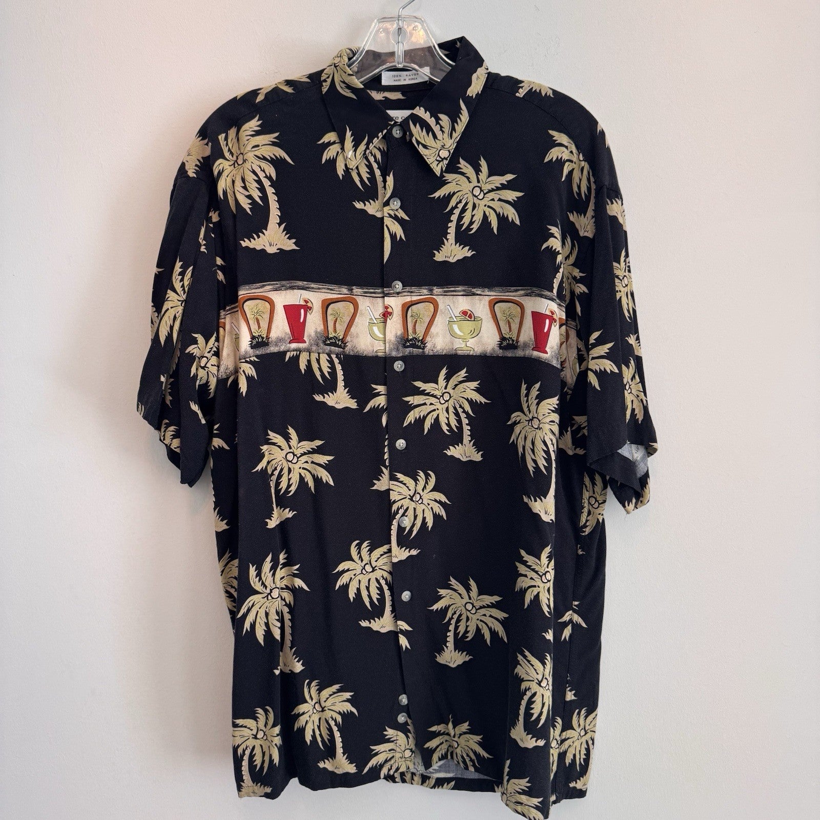 Pierre Cardin Hawaiian Shirt Mens Medium Black Rayon Palm Tree Tropical Drinks