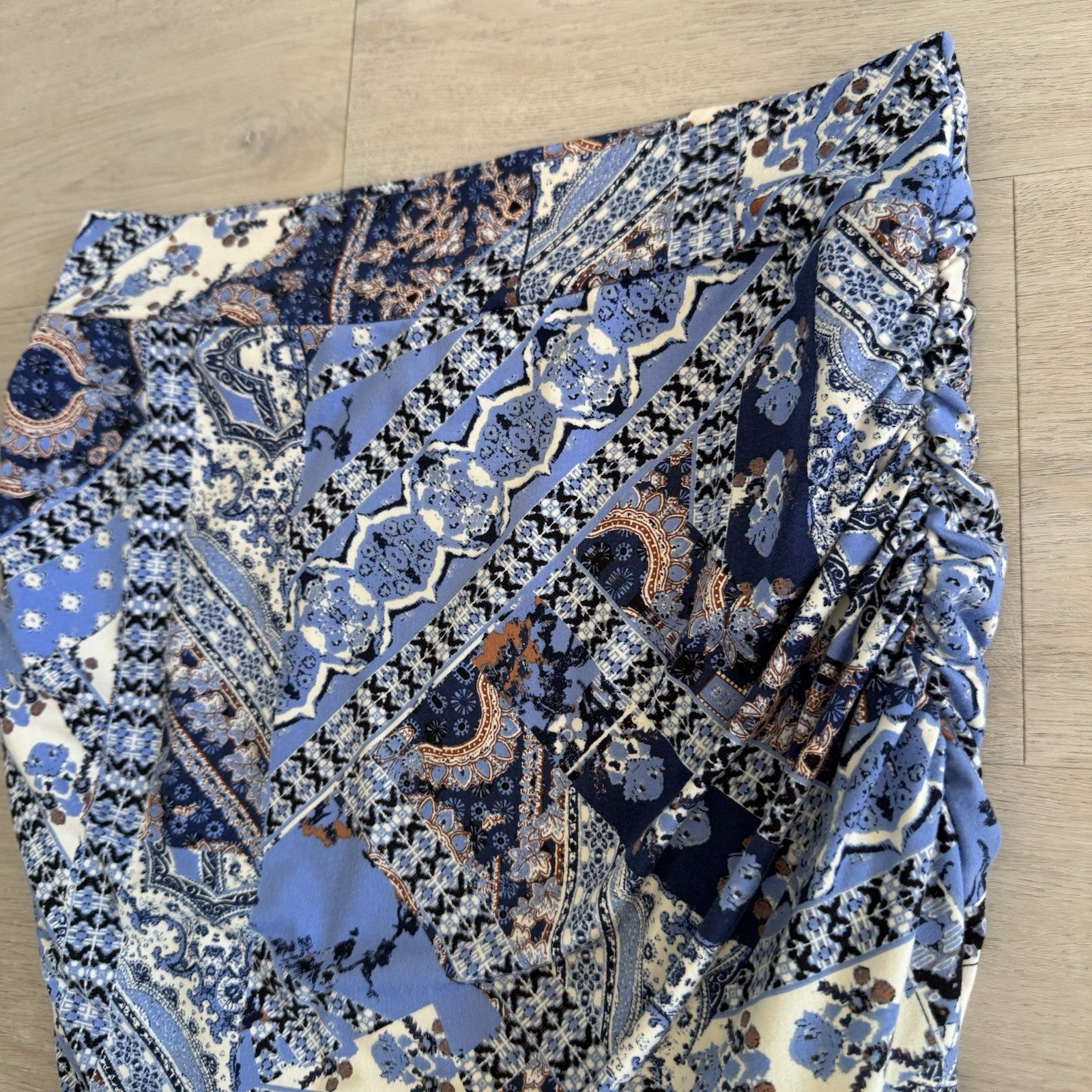 Free People Blue Patchwork Ruched Skirt Womens Medium Boho She’s Something Else