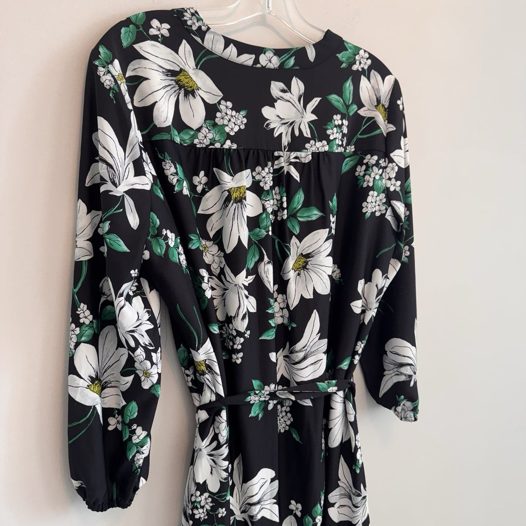 Jones New York NWT Medium Floral V-Neck Midi Dress Black Kelly Green Pockets