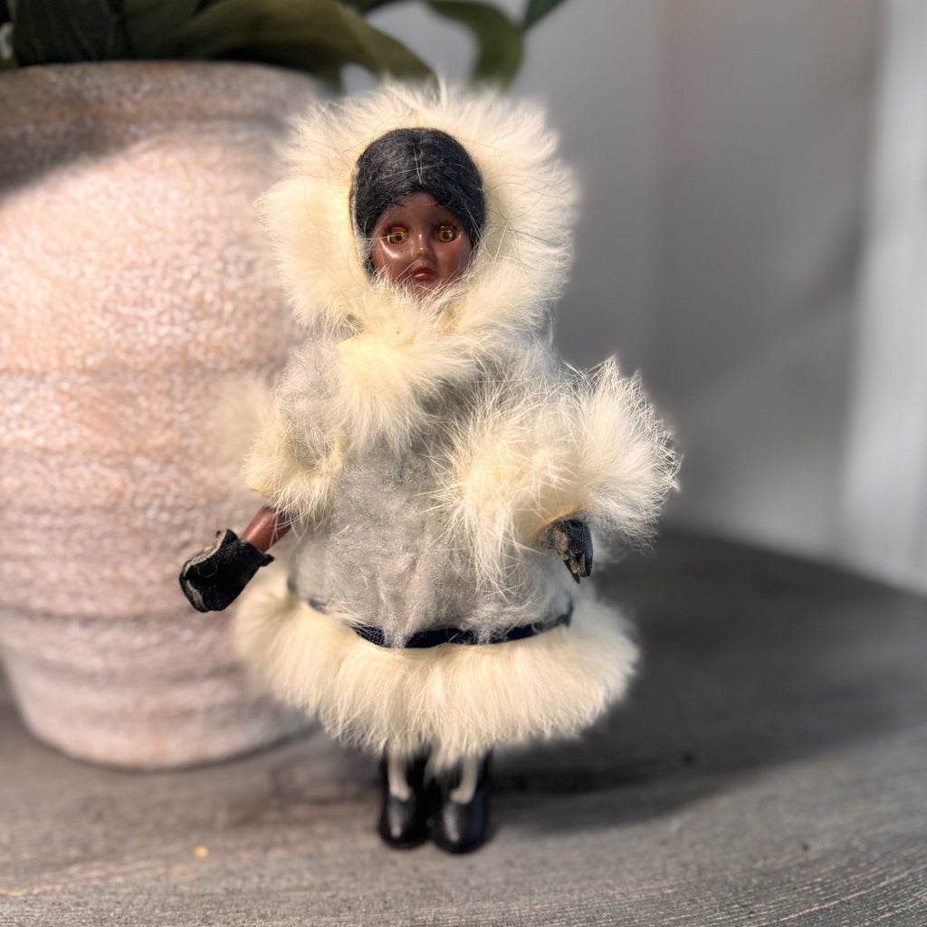 Vintage Native American & Eskimo Style Doll Trio 8" Fringed Buckskin Faux Fur
