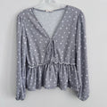 Altar'd State Womens BOHO Star Print Peplum Top Small Gray Tie Neck Puff Sleeve