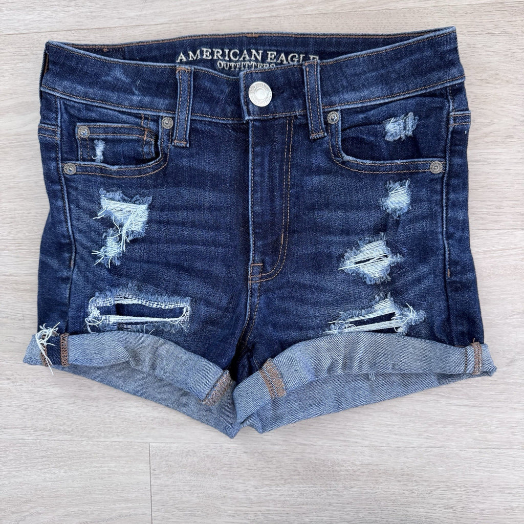 American Eagle Women’s Hi Rise Shortie Shorts 0 Distressed Stretch