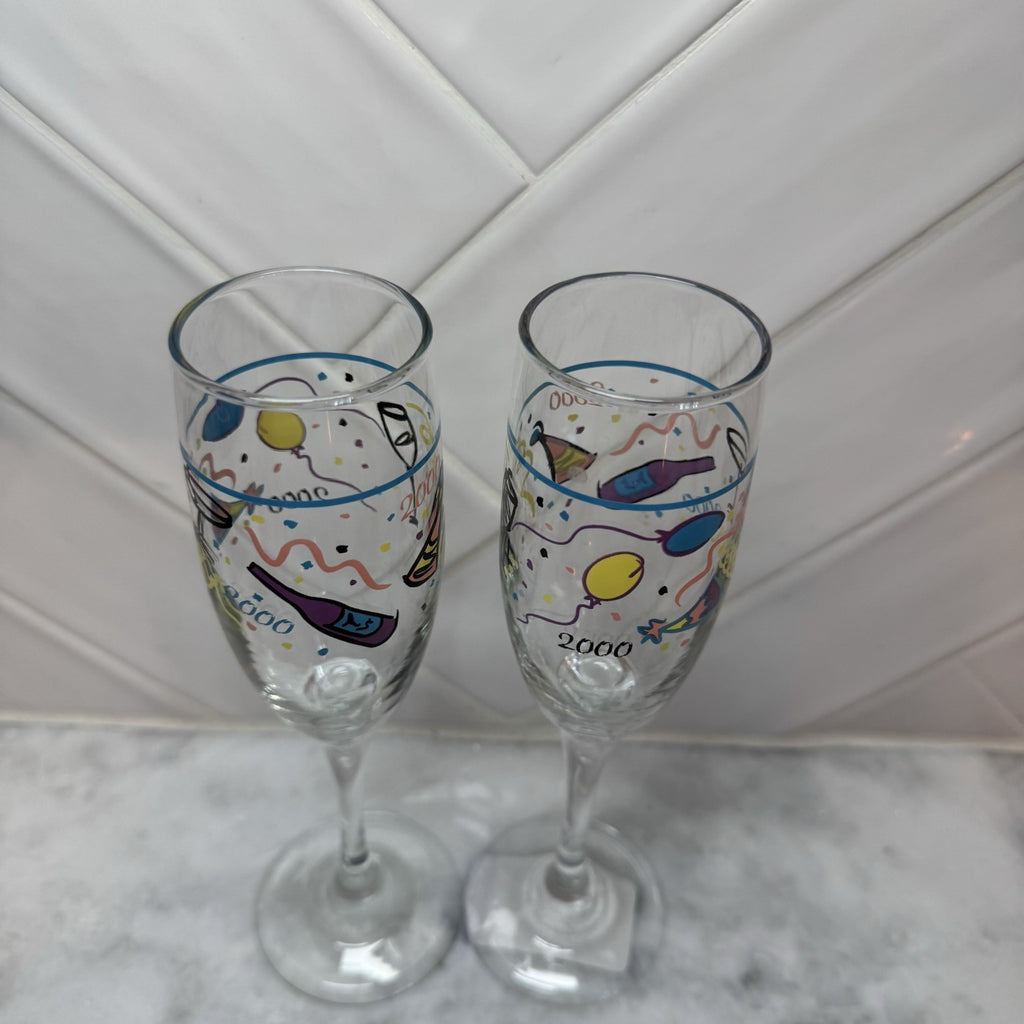 Y2K 2000 Millennium Handpainted Champagne Glasse Flutes Birthday