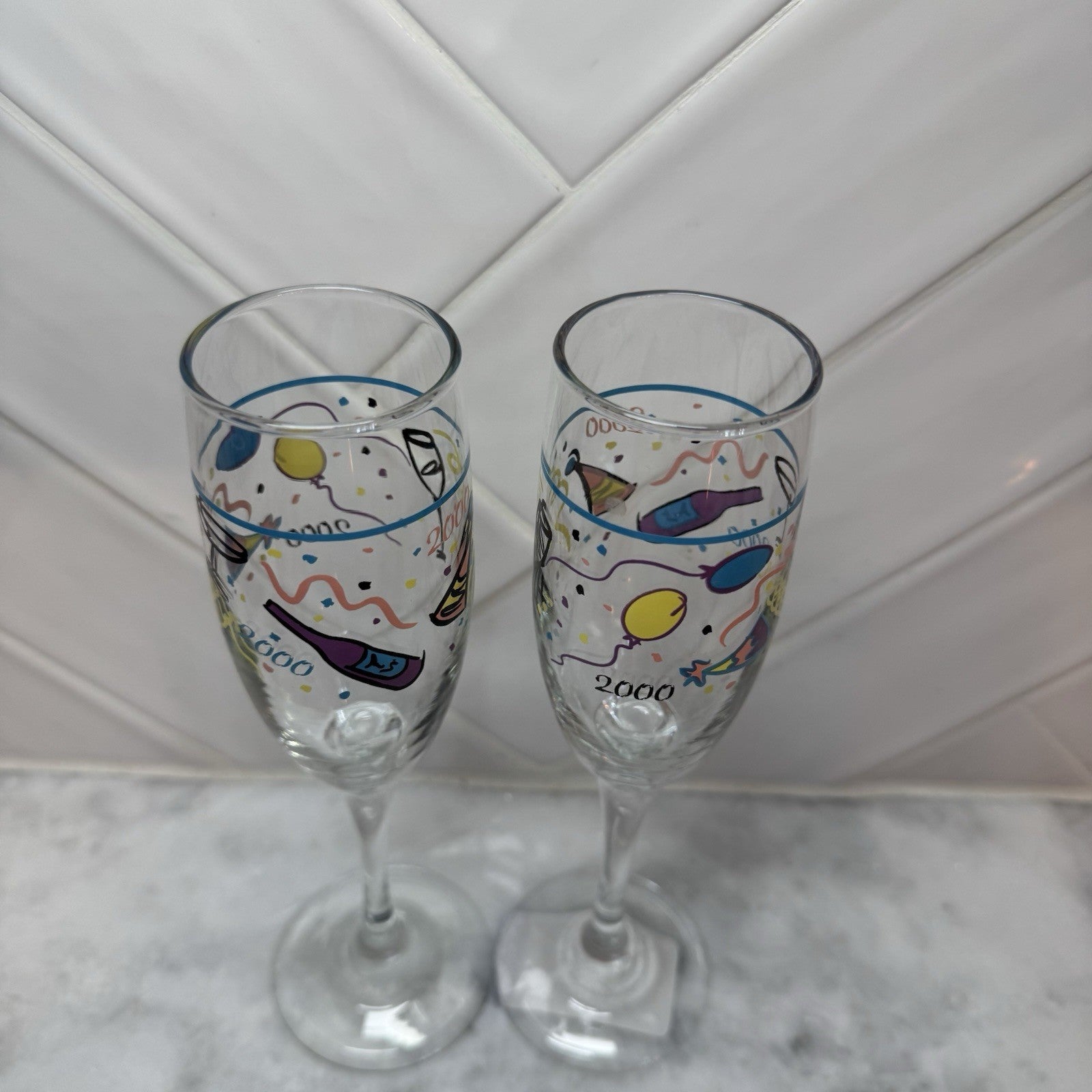 Y2K 2000 Millennium Handpainted Champagne Glasse Flutes Birthday