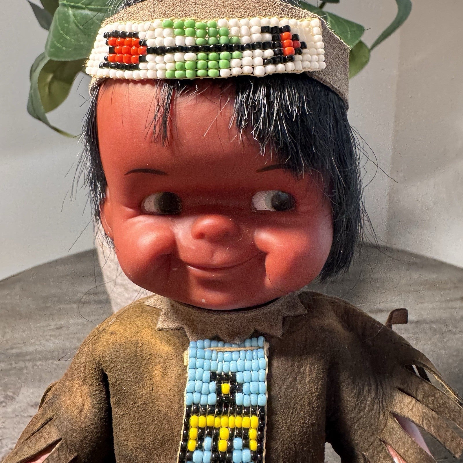 Vintage Native American Indian Doll Vinyl Souvenir Beaded Outfit Red Fringe
