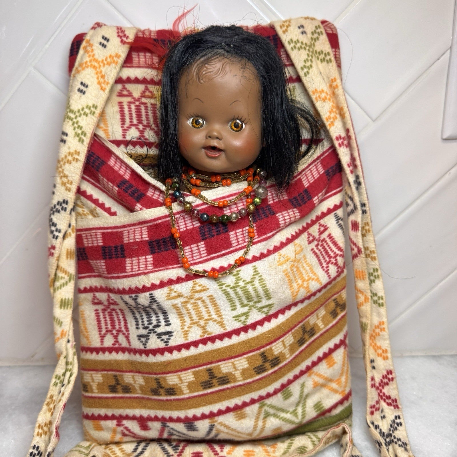 Vintage Native American Style Papoose Doll Sleepy Eyes Beaded Woven Cradleboard