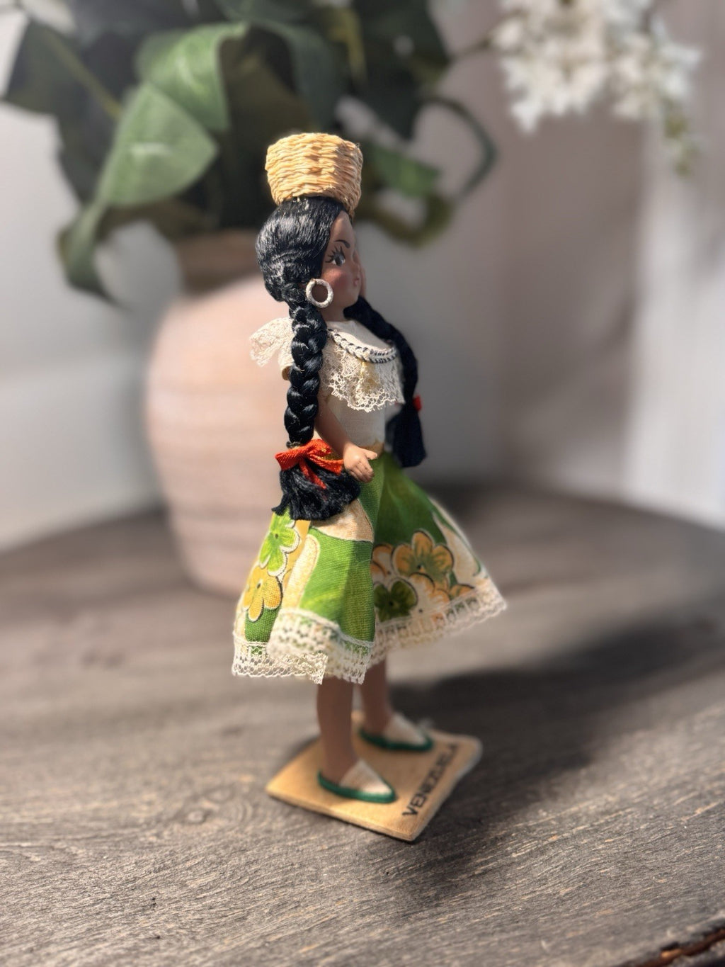 Vintage Venezuela Folk Art Doll Hand Painted 9" Souvenir Basket Wooden Base