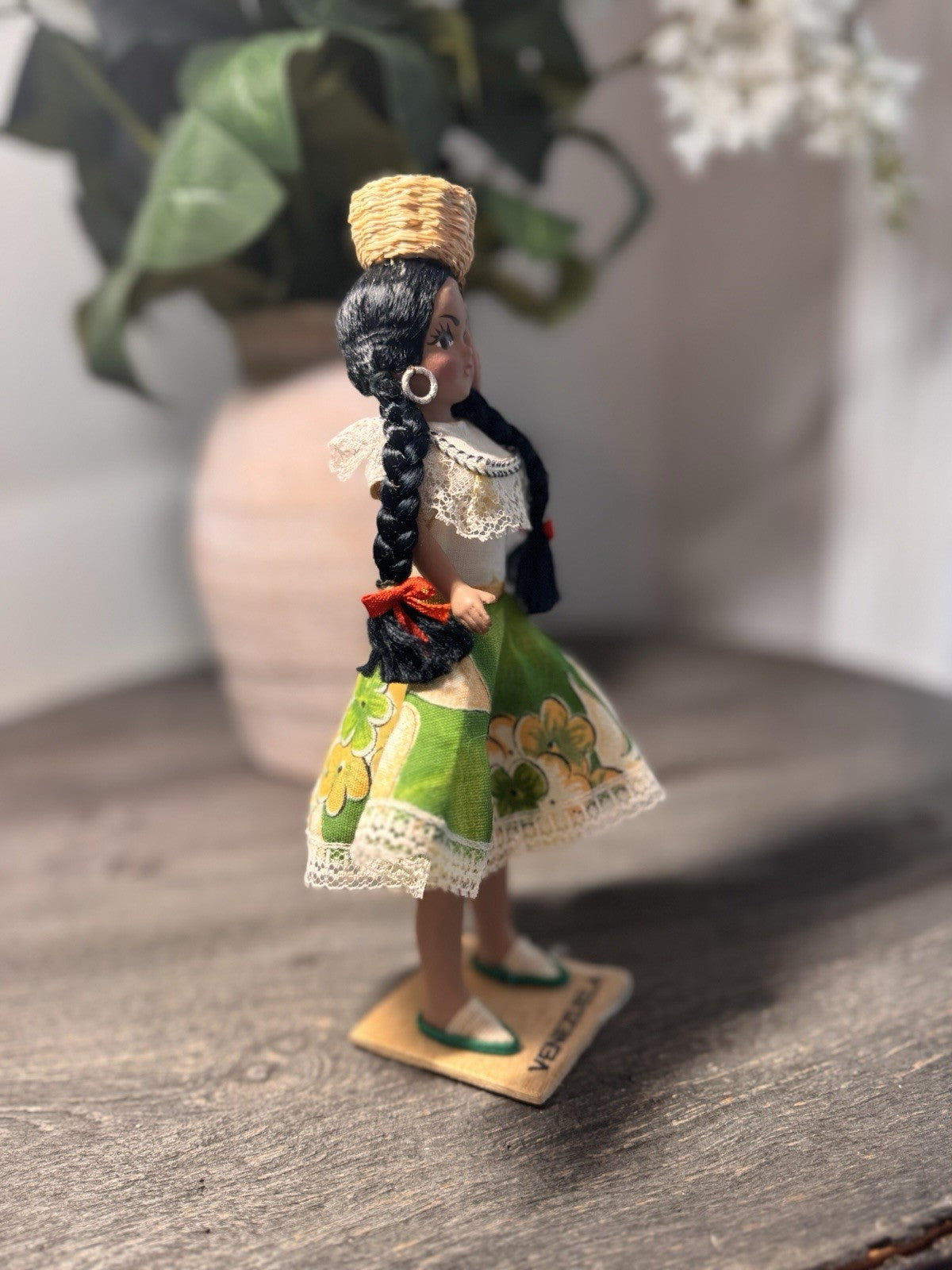 Vintage Venezuela Folk Art Doll Hand Painted 9" Souvenir Basket Wooden Base