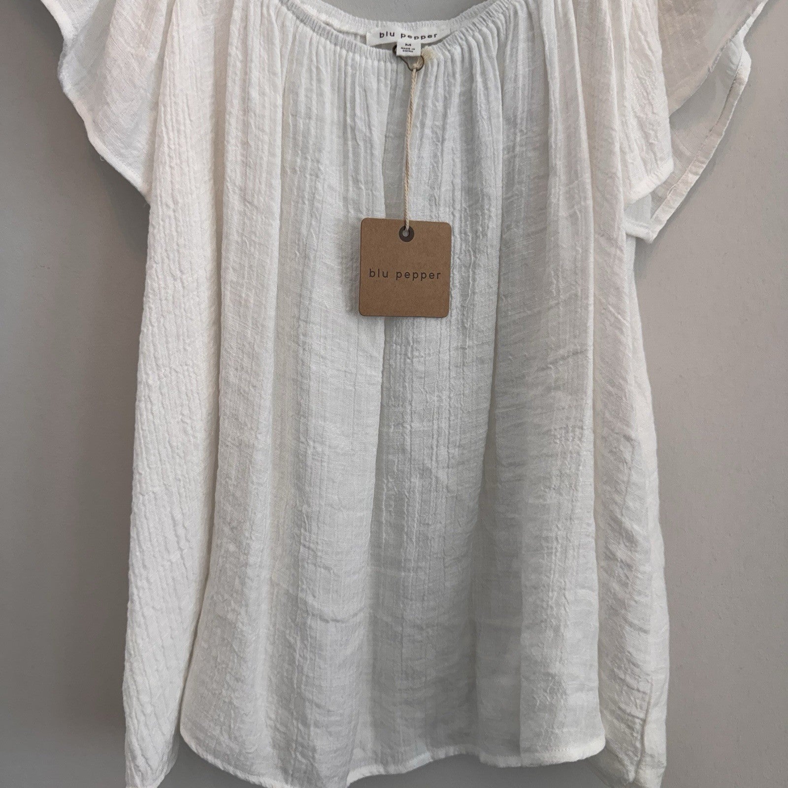 Blu Pepper Women’s Medium White Gauze Flutter Sleeve Square Neck Blouse NEW