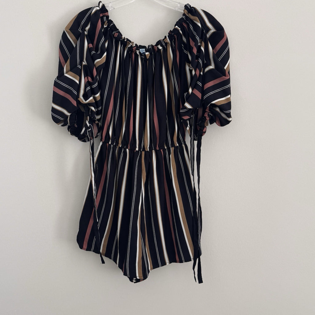 She + Sky Striped Romper Women's Size S Puff Sleeve Off the Shoulder Boho