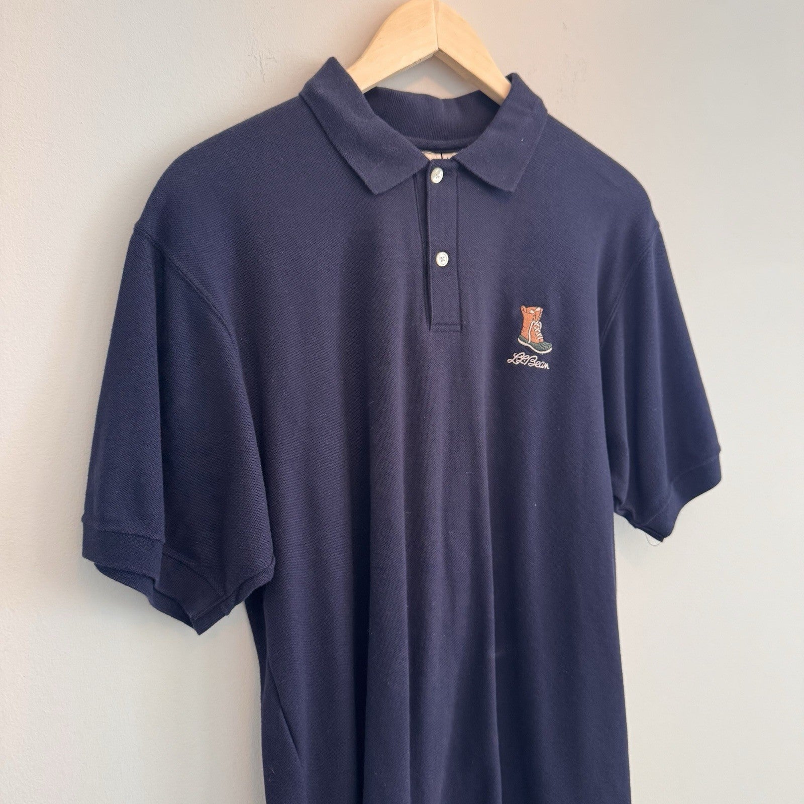 L.L. Bean Vintage Made in USA Bean Boot Logo Polo Shirt Navy Men's Medium