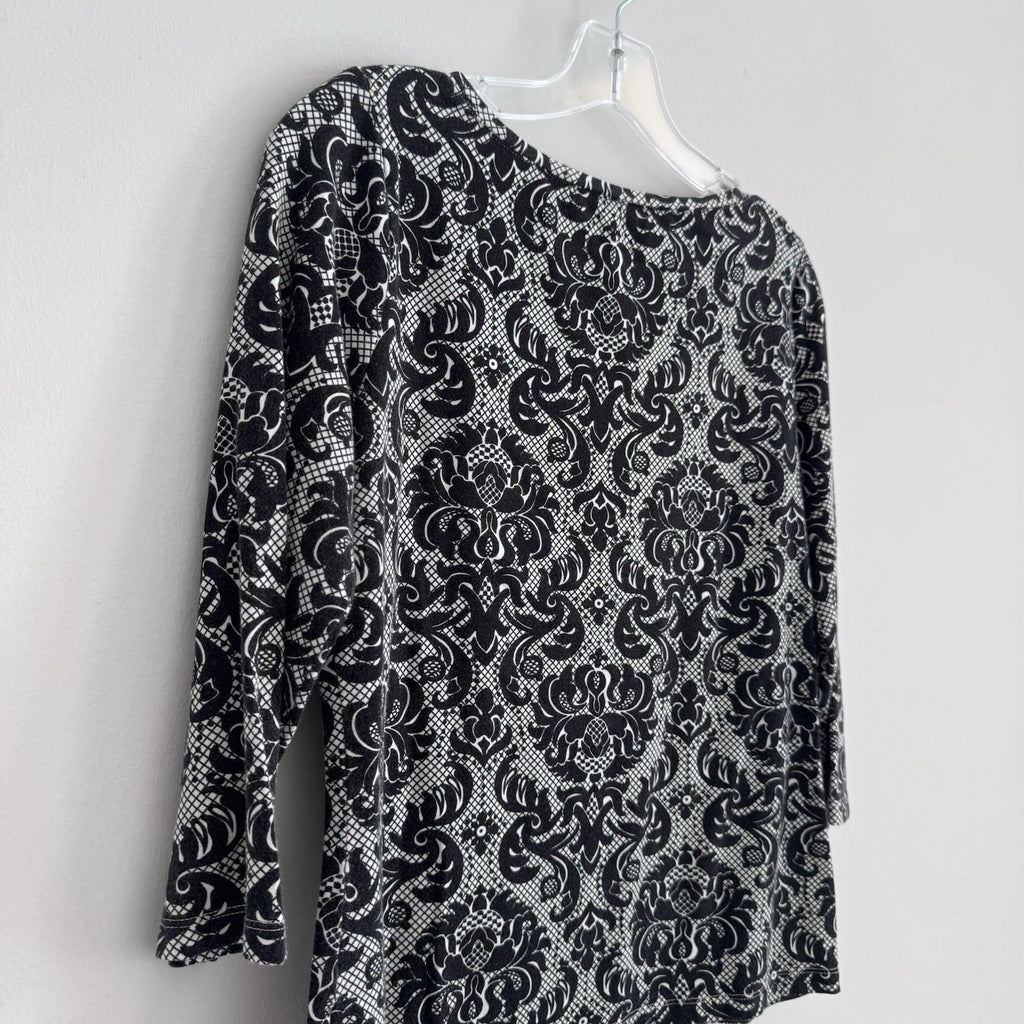 Talbots Petites M Black White Damask 3/4 Sleeve Cotton Top