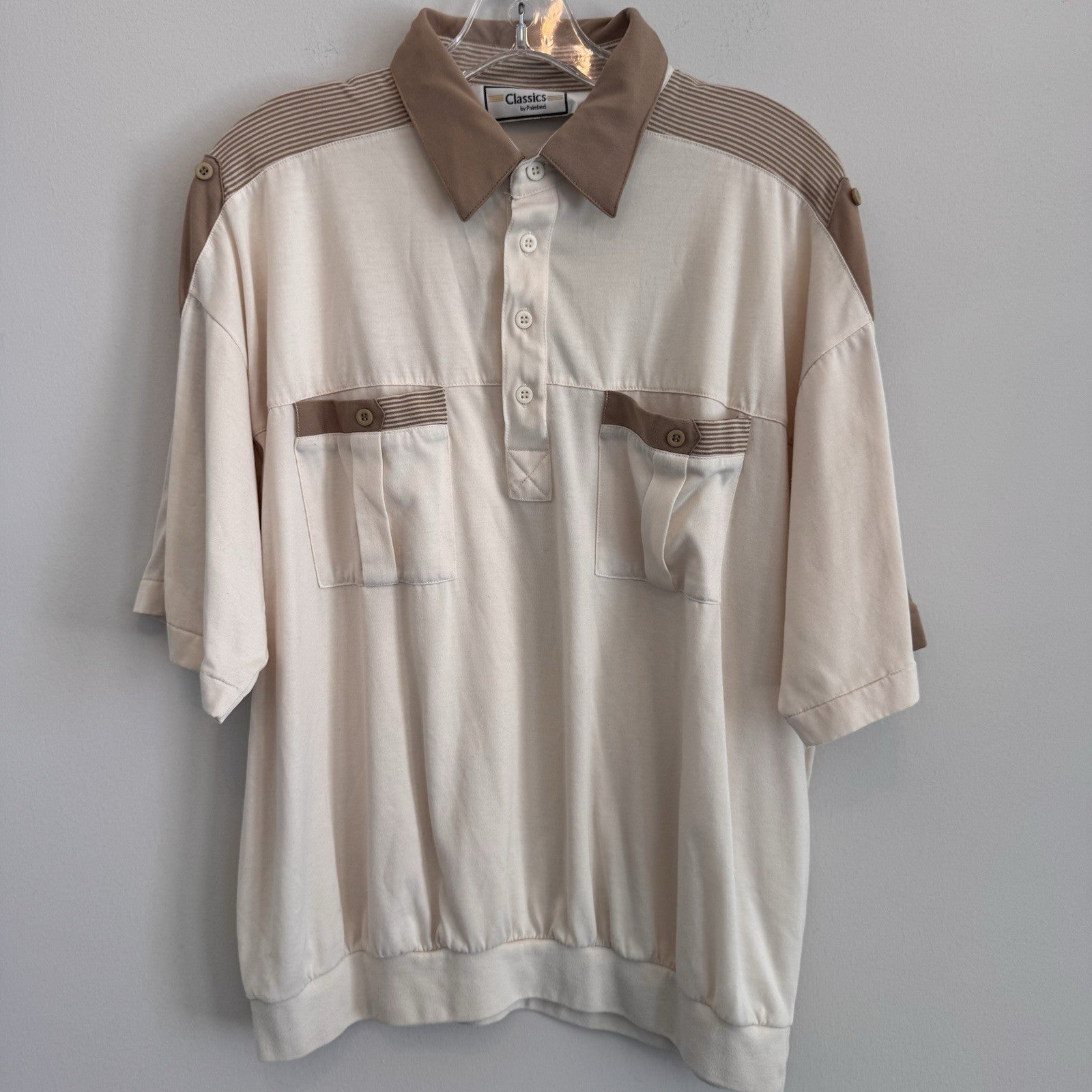 Vintage Classics by Palmland Mens XL Banded Bottom Polo Shirt Cream Brown