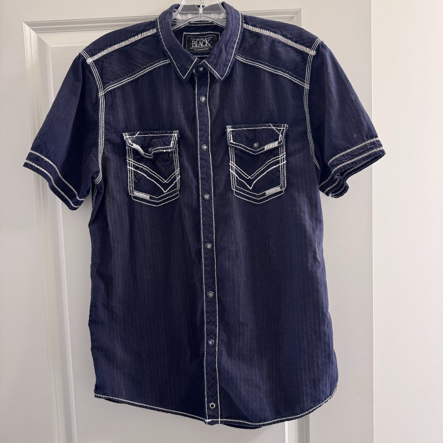 Buckle Black Shirt Men’s M Western Snap Front Denim Look Stitch Detail Cotton