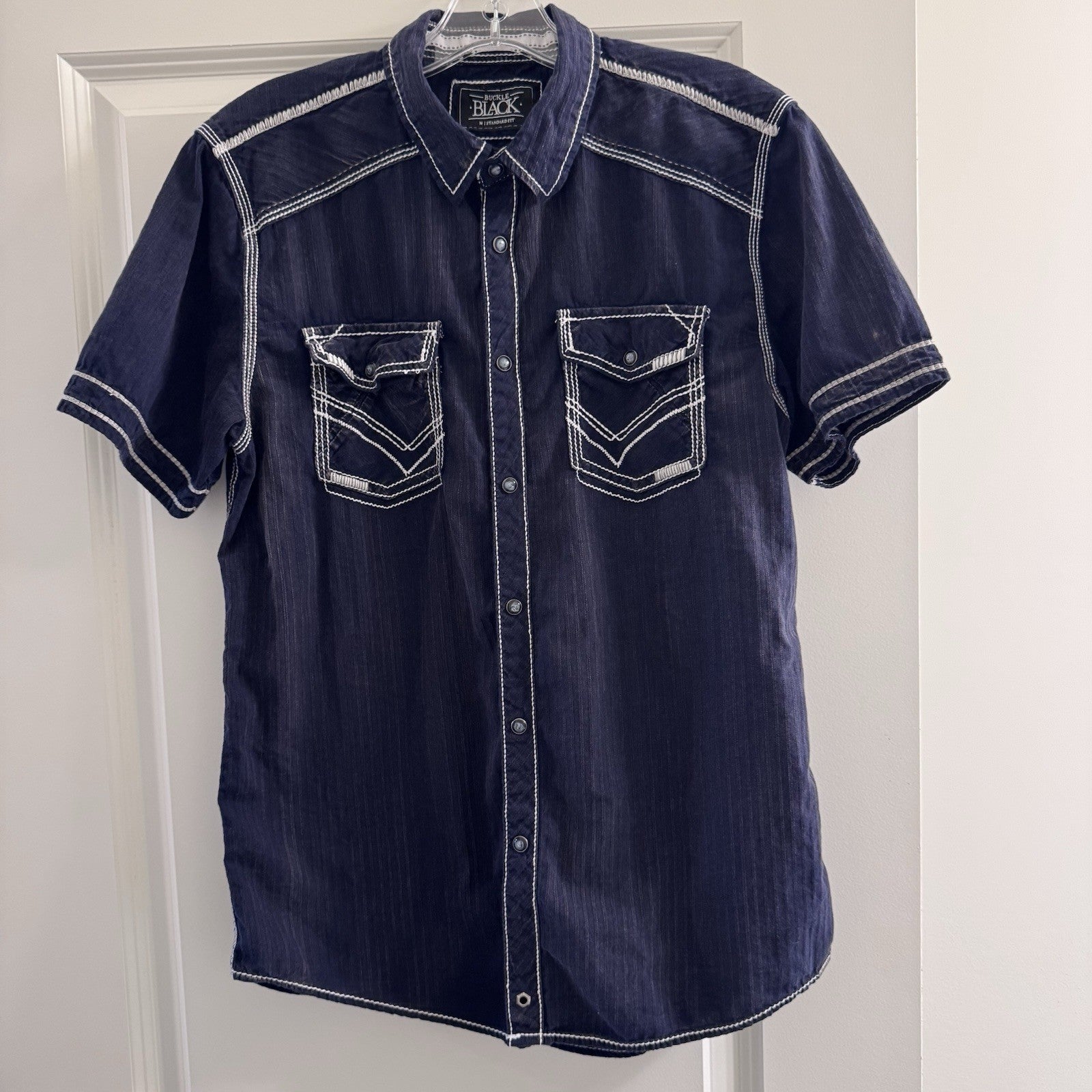 Buckle Black Shirt Men’s M Western Snap Front Denim Look Stitch Detail Cotton
