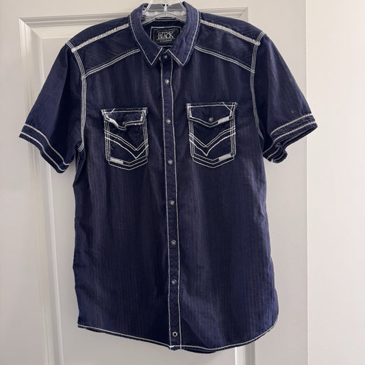 Buckle Black Shirt Men’s M Western Snap Front Denim Look Stitch Detail Cotton