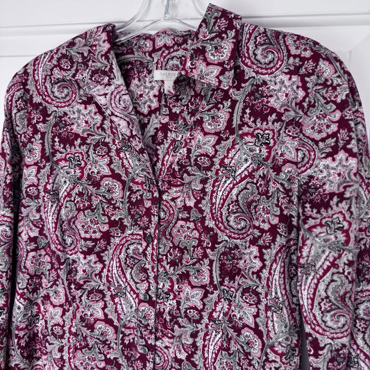 Talbots Red Paisley Button Front Shirt Women’s Size 8 Cotton Stretch Long Sleeve