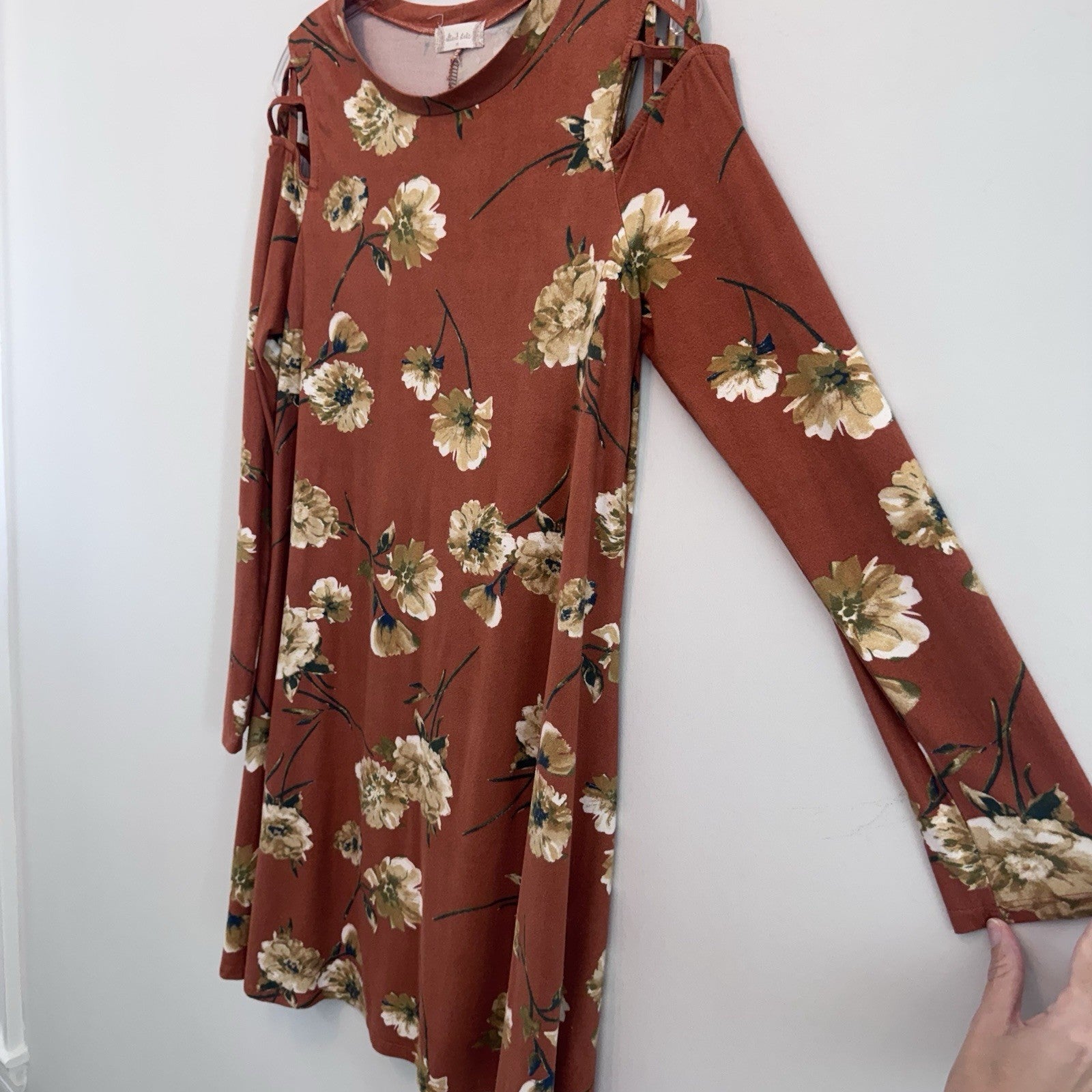 Altar’d State M Floral Cold Shoulder Dress Rust Boho Long Sleeve Mini