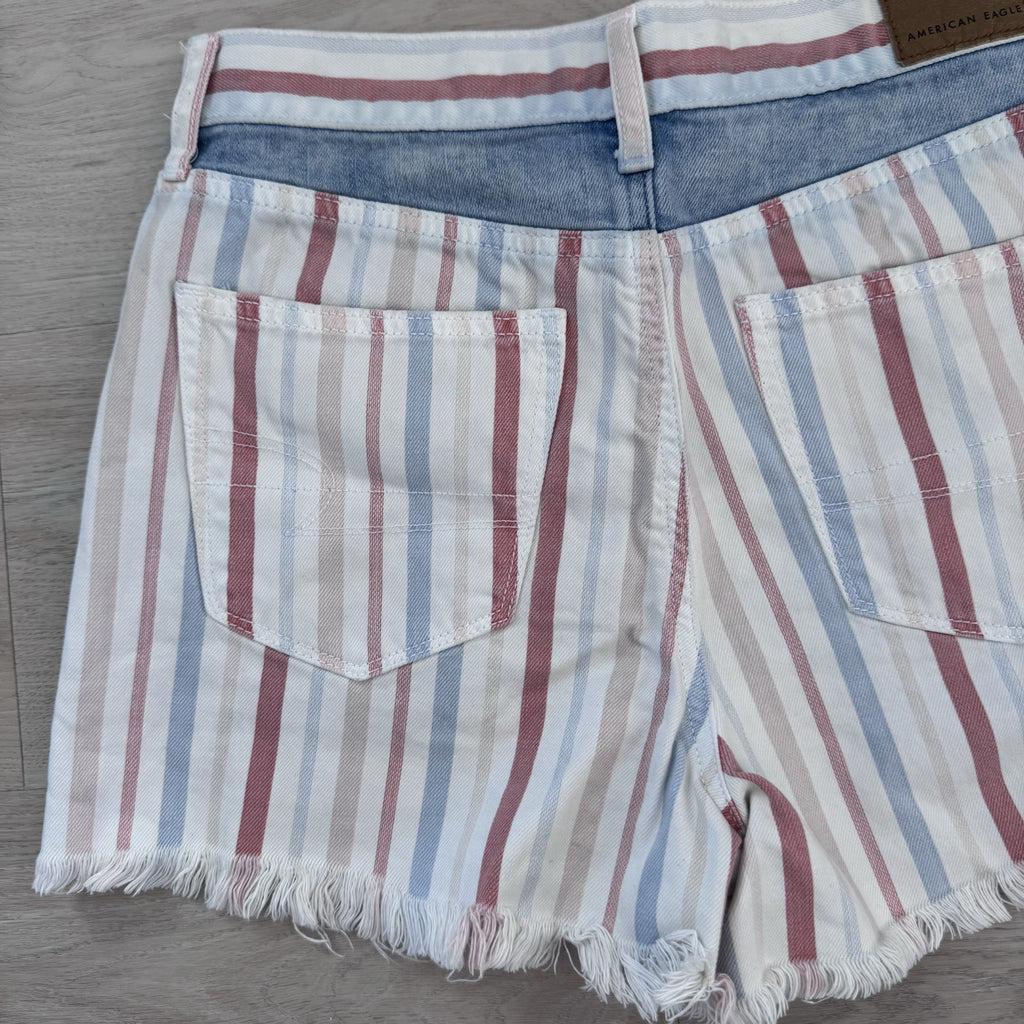 American Eagle Mom Shorts Women’s 4 Y2K Stripe Denim Frayed Raw Hem