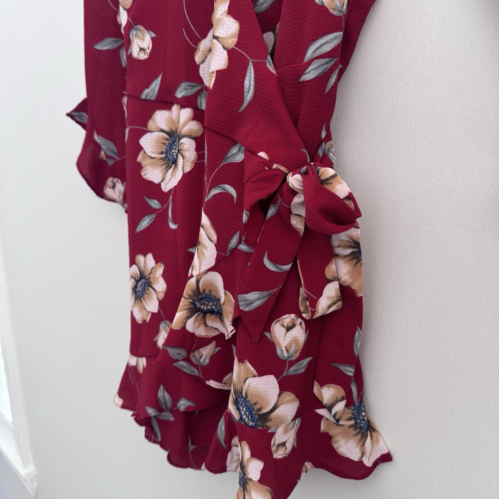 Entro Burgundy Floral Faux Wrap Dress Medium Long Sleeve Ruffle Hem