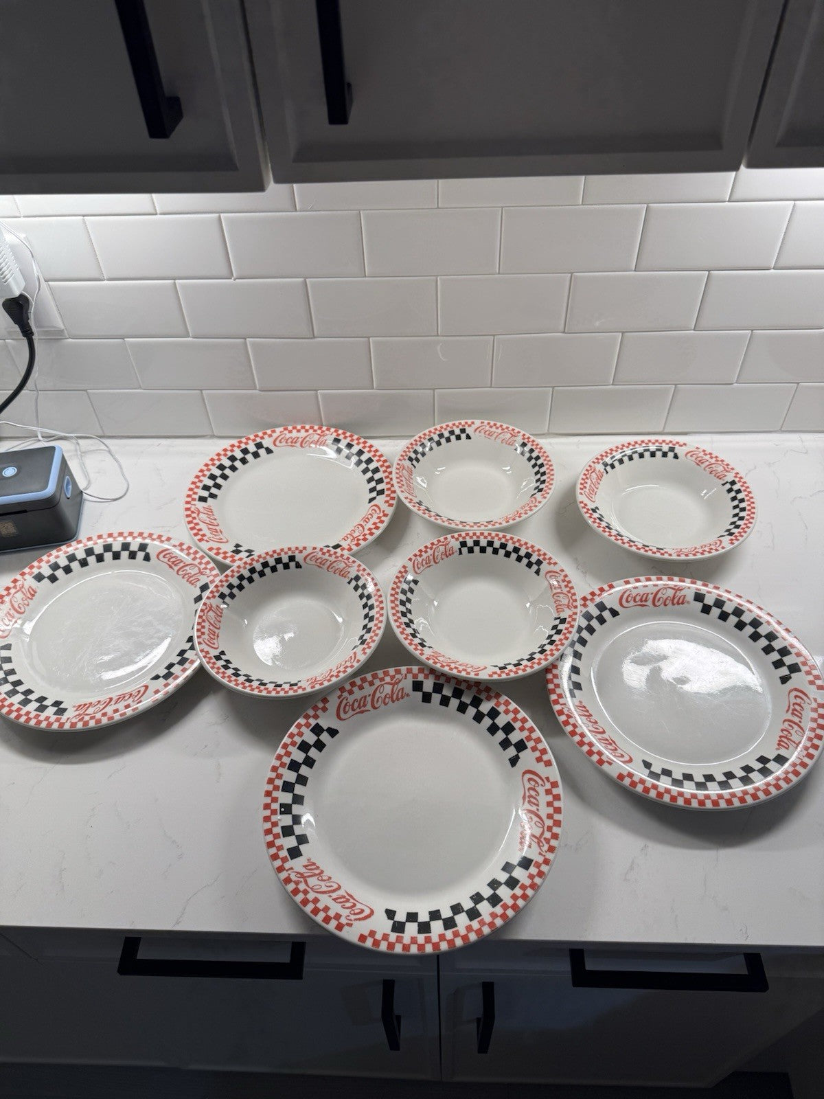 Coca Cola Gibson Racing Red & Black Checkered Dinner Plates & Bowls Set Of 4