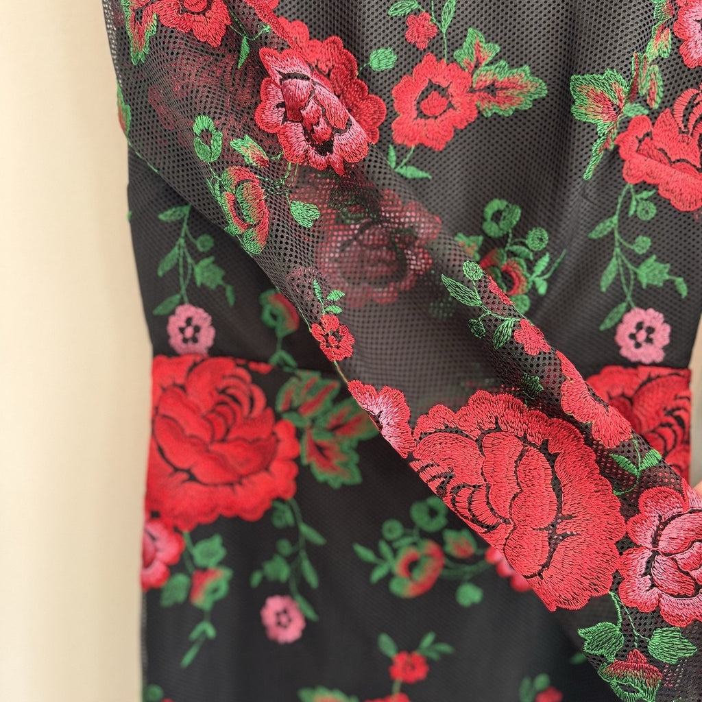 Nasty Gal Collection Women's S Black Mesh Red Rose Floral Embroidered Mini Dress