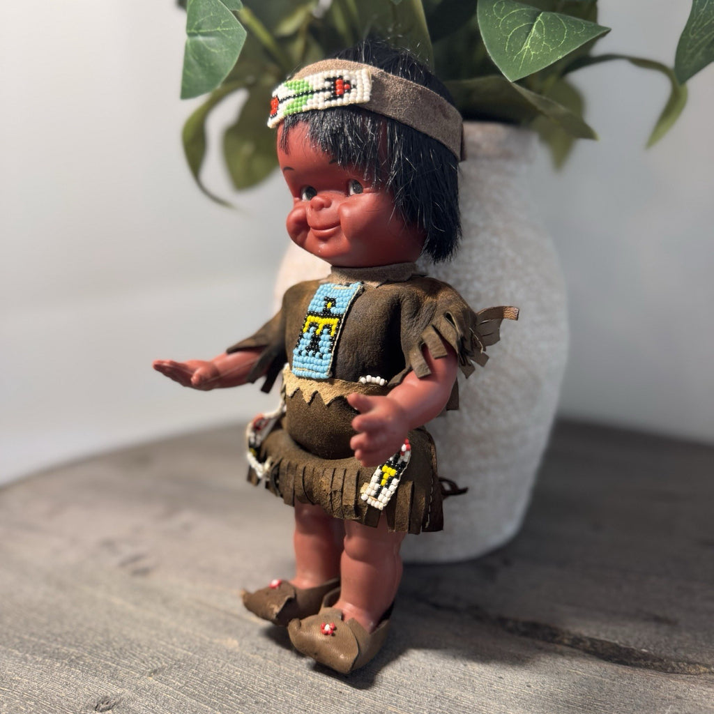 Vintage Native American Indian Doll Vinyl Souvenir Beaded Outfit Red Fringe