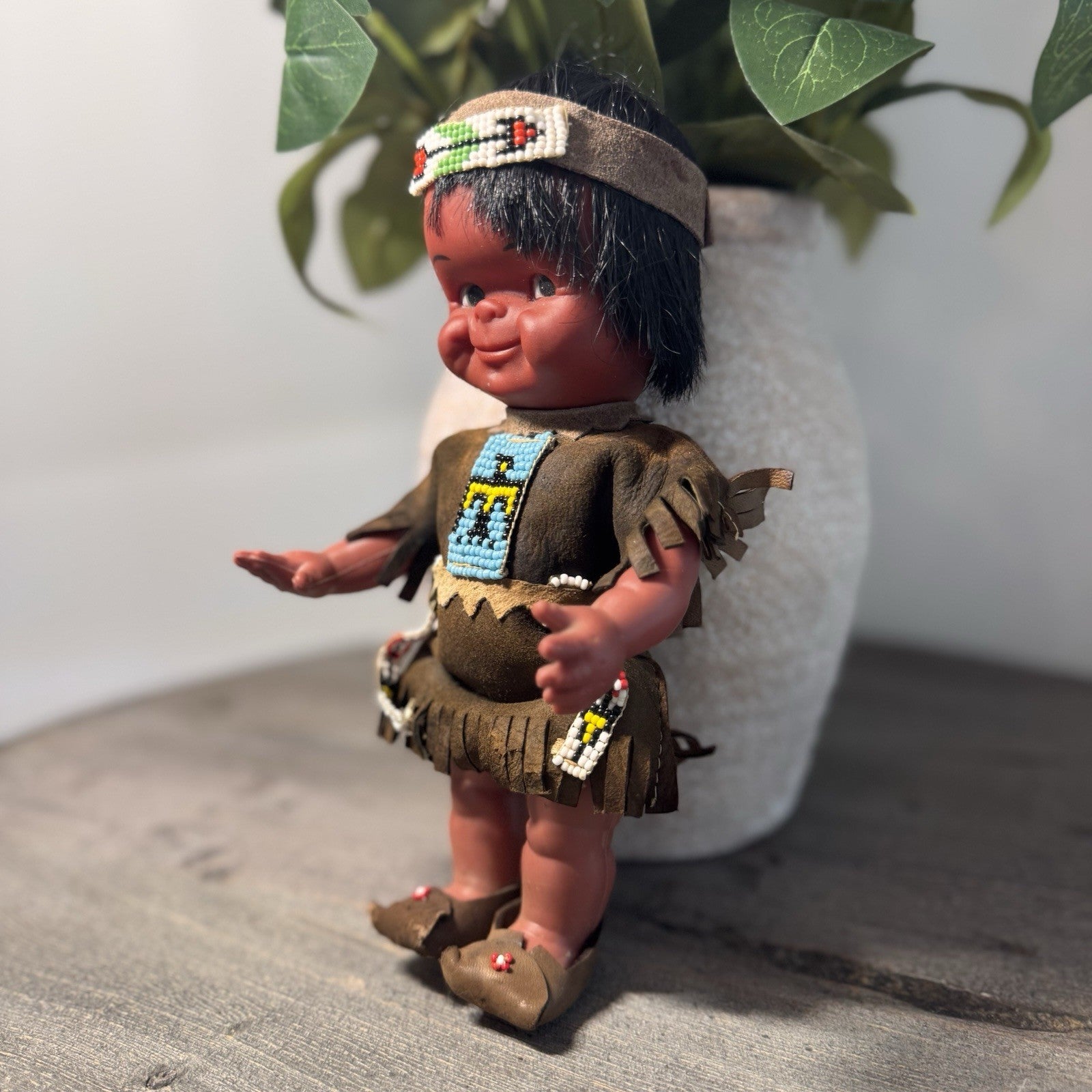 Vintage Native American Indian Doll Vinyl Souvenir Beaded Outfit Red Fringe