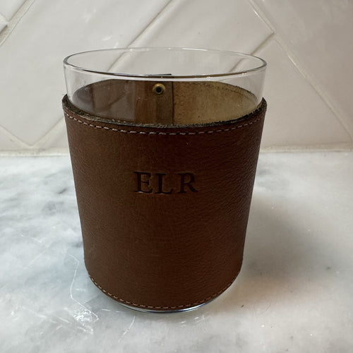 Clayton & Crume Leather Wrapped Glass Tumbler Monogram ELR Whiskey Rocks Bourbon