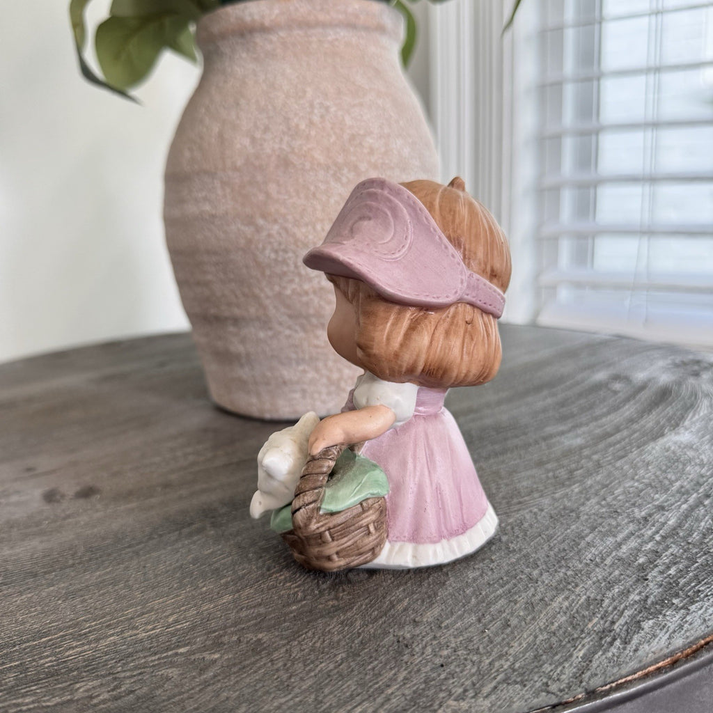 Vintage Homeco Porcelain Figurine Girl in Pink Dress with White Cat in Basket
