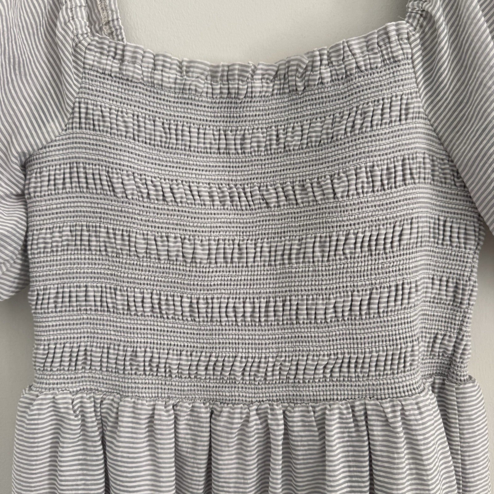She + Sky Striped Smocked Mini Dress Women's Size M Puff Sleeve Tiered Boho