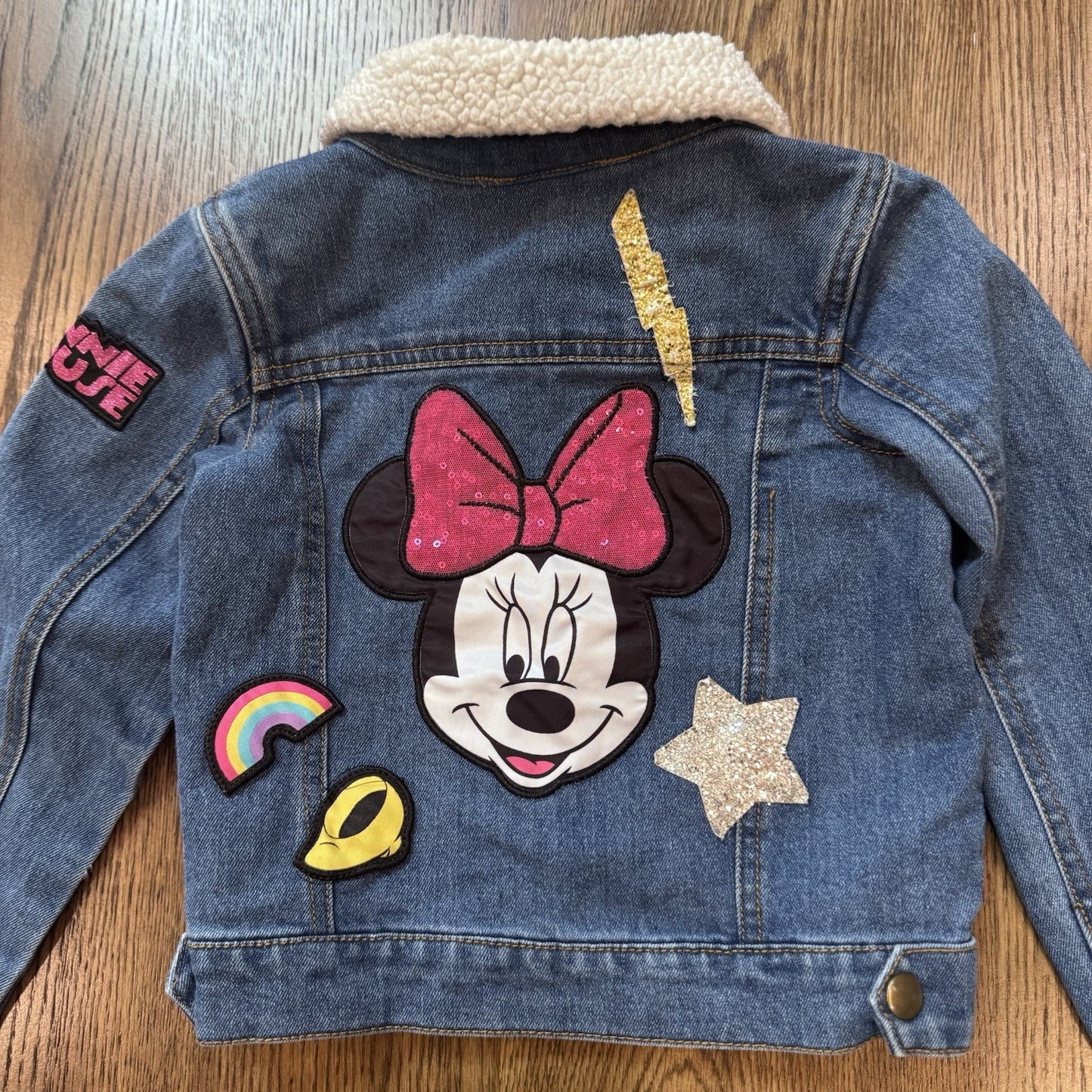 Disney Minnie Mouse Girls Denim Jacket Sherpa Collar Patchwork Size 4T