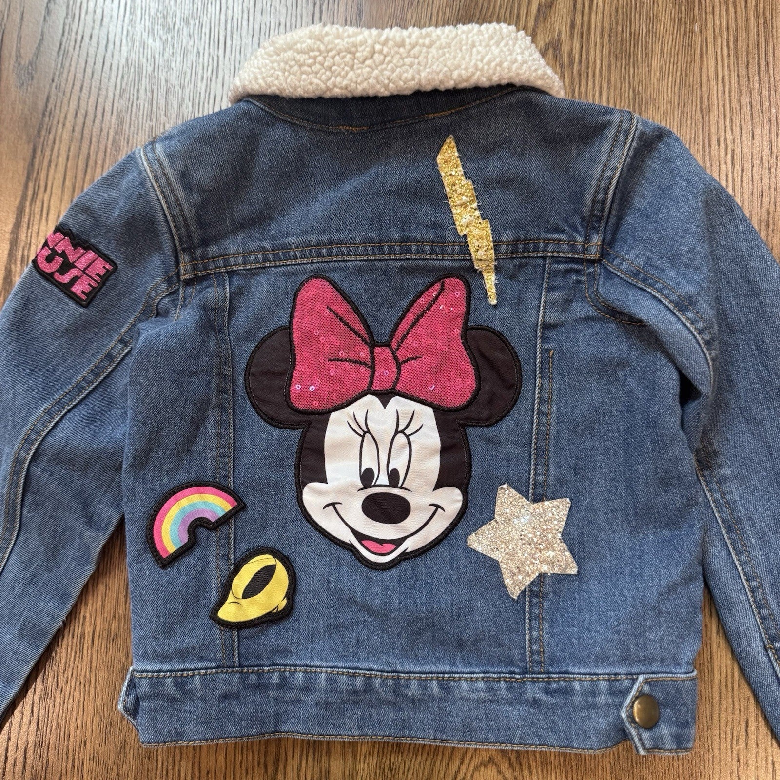 Disney Minnie Mouse Girls Denim Jacket Sherpa Collar Patchwork Size 4T