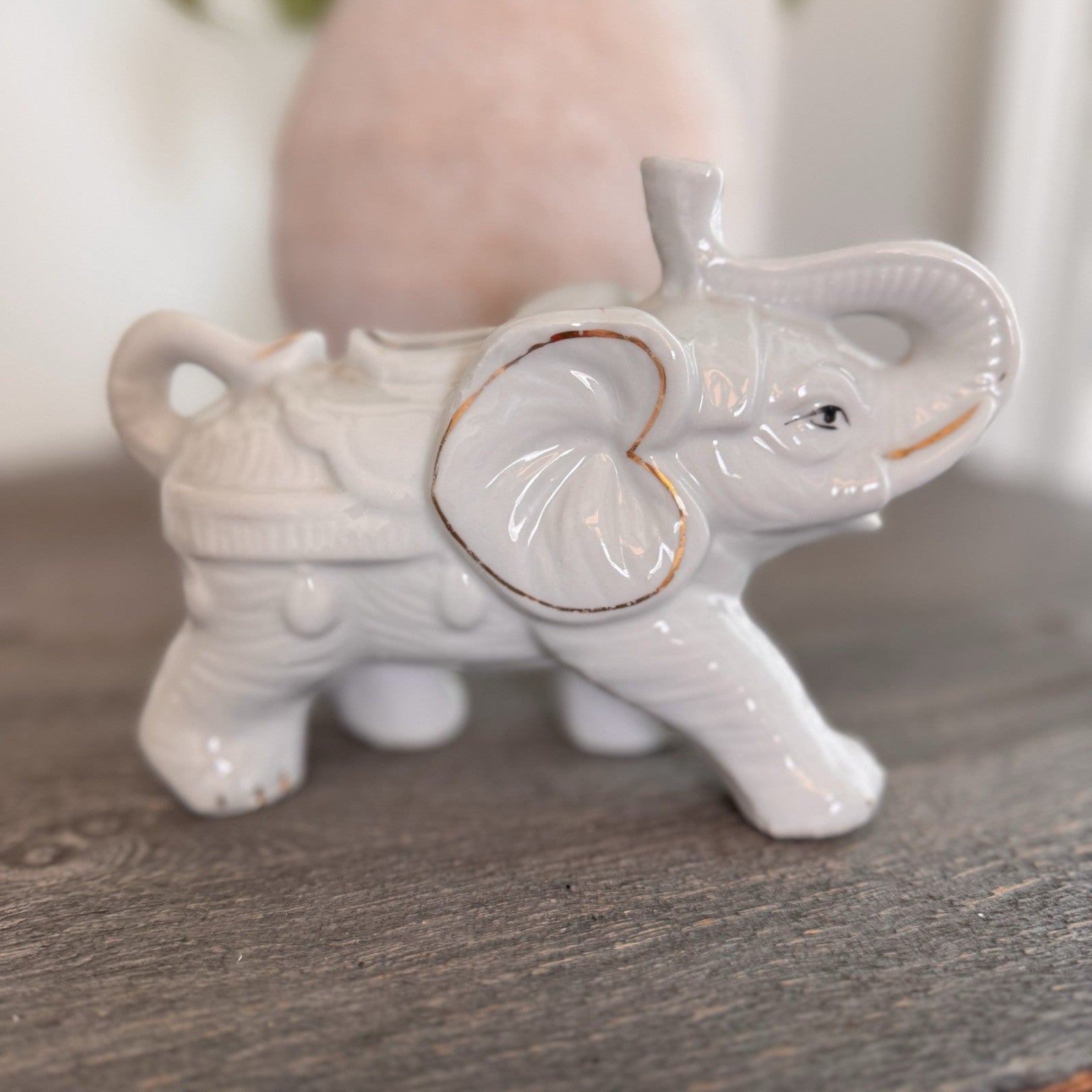 Vintage Porcelain Elephant Figurine Lot 2 White Gold Trim Trunk Up Good Luck