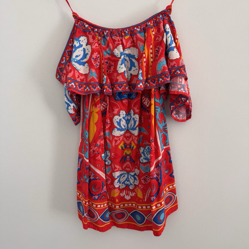 Flying Tomato Red Boho Floral Dress Women's XS Off the Shoulder Ruffle Rayon