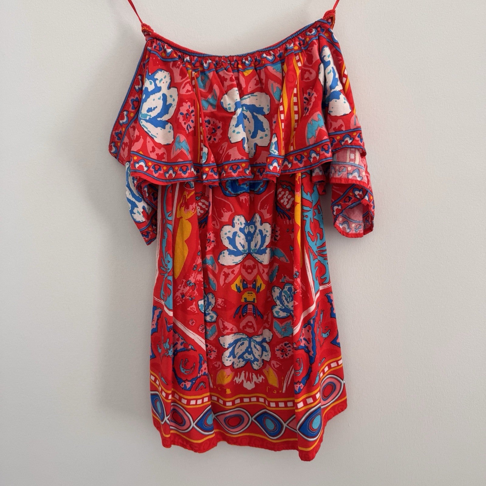 Flying Tomato Red Boho Floral Dress Women's XS Off the Shoulder Ruffle Rayon
