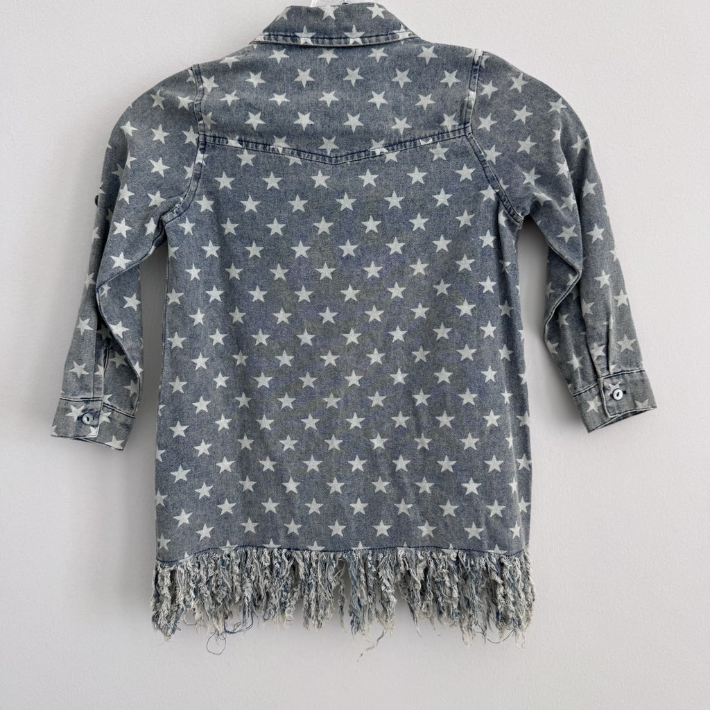 ODDI Kids Star Print Denim Dress Small Fringe Hem Button Front NWT