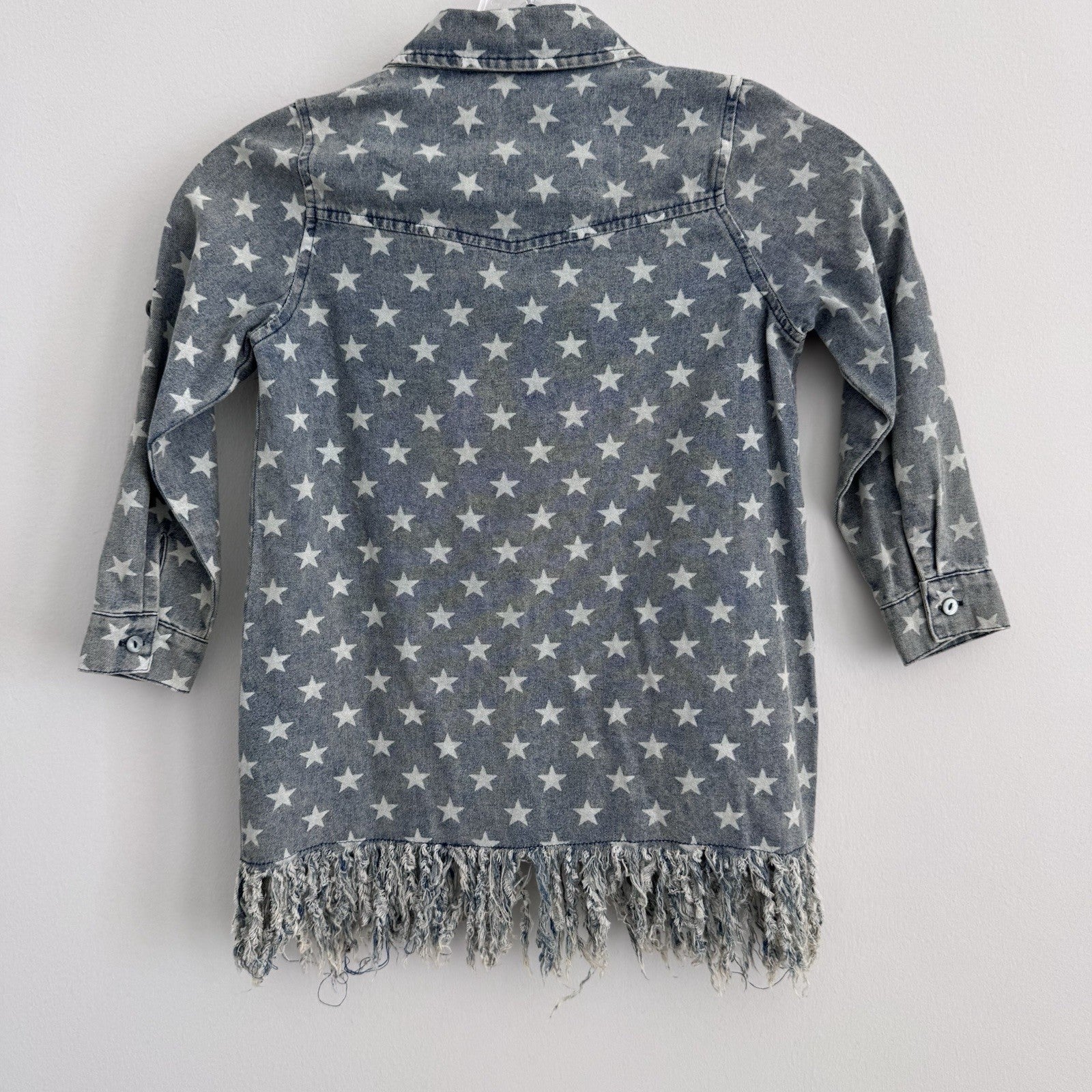 ODDI Kids Star Print Denim Dress Small Fringe Hem Button Front NWT