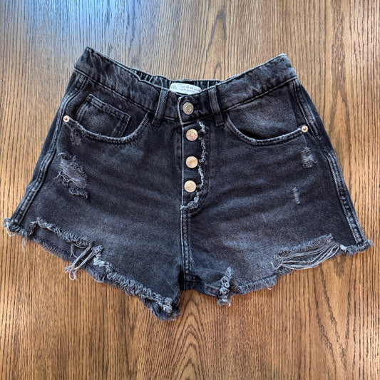 ZARA Kids Black Distressed Denim Shorts 13-14 Years Button Fly Frayed Hem