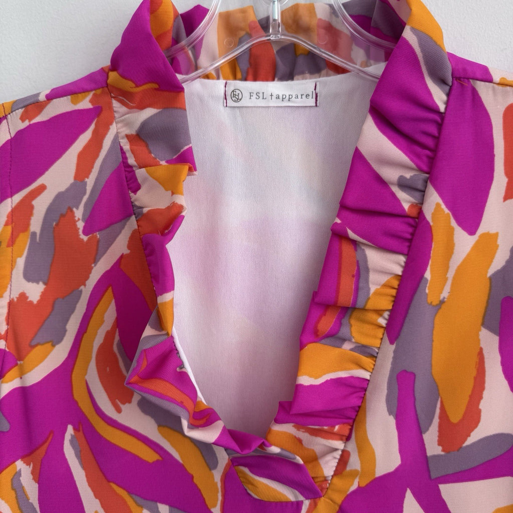 FSL Apparel Sleeveless Ruffle Dress L Pink Orange Abstract Print NWOT