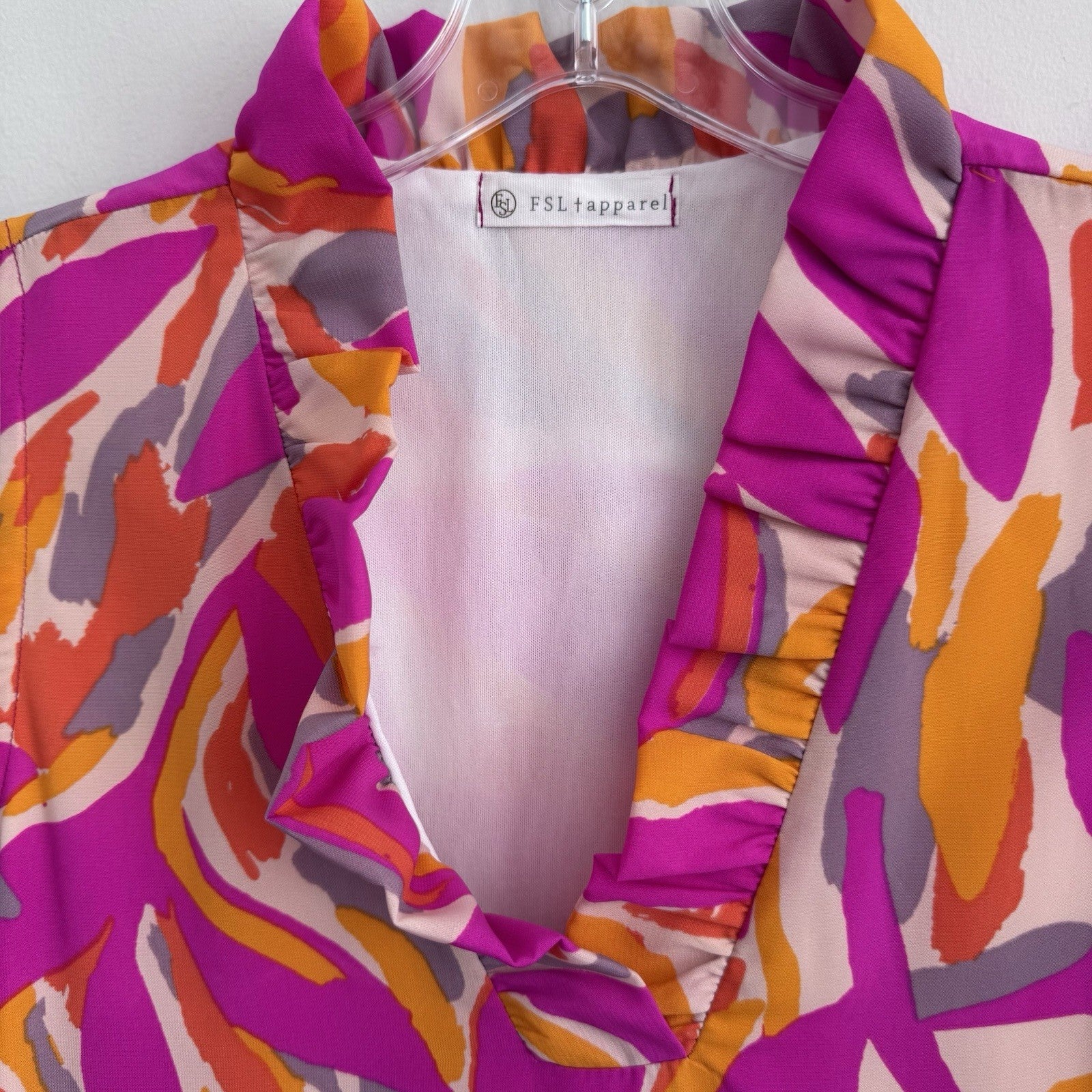 FSL Apparel Sleeveless Ruffle Dress L Pink Orange Abstract Print NWOT