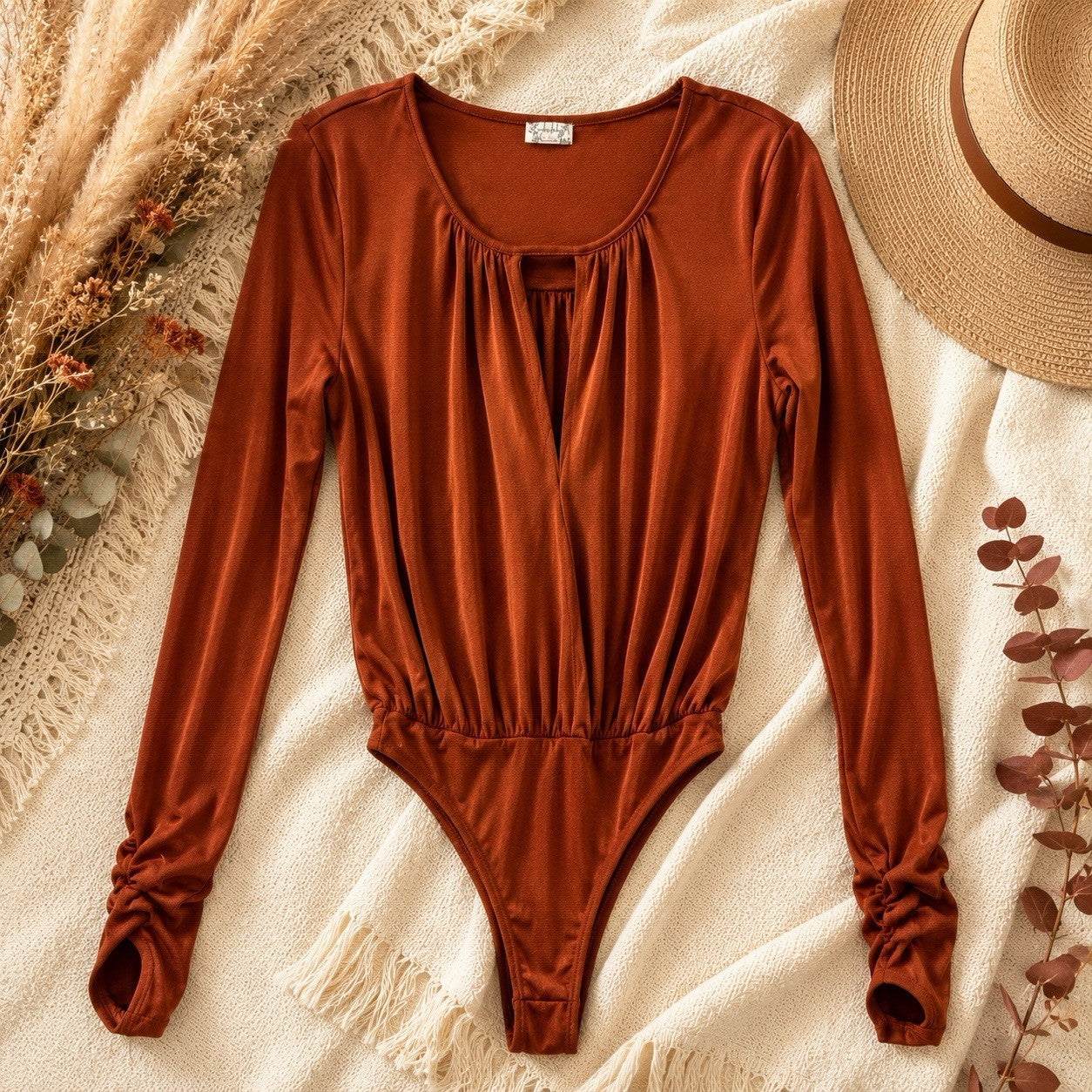 Free People Intimately Rust Brown Long Sleeve Bodysuit Thumbhole Women’s Small