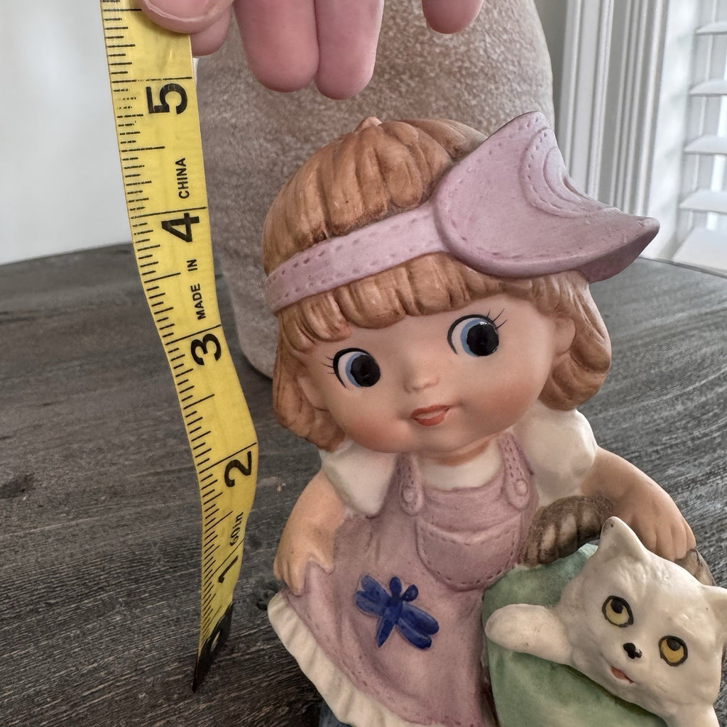 Vintage Homeco Porcelain Figurine Girl in Pink Dress with White Cat in Basket
