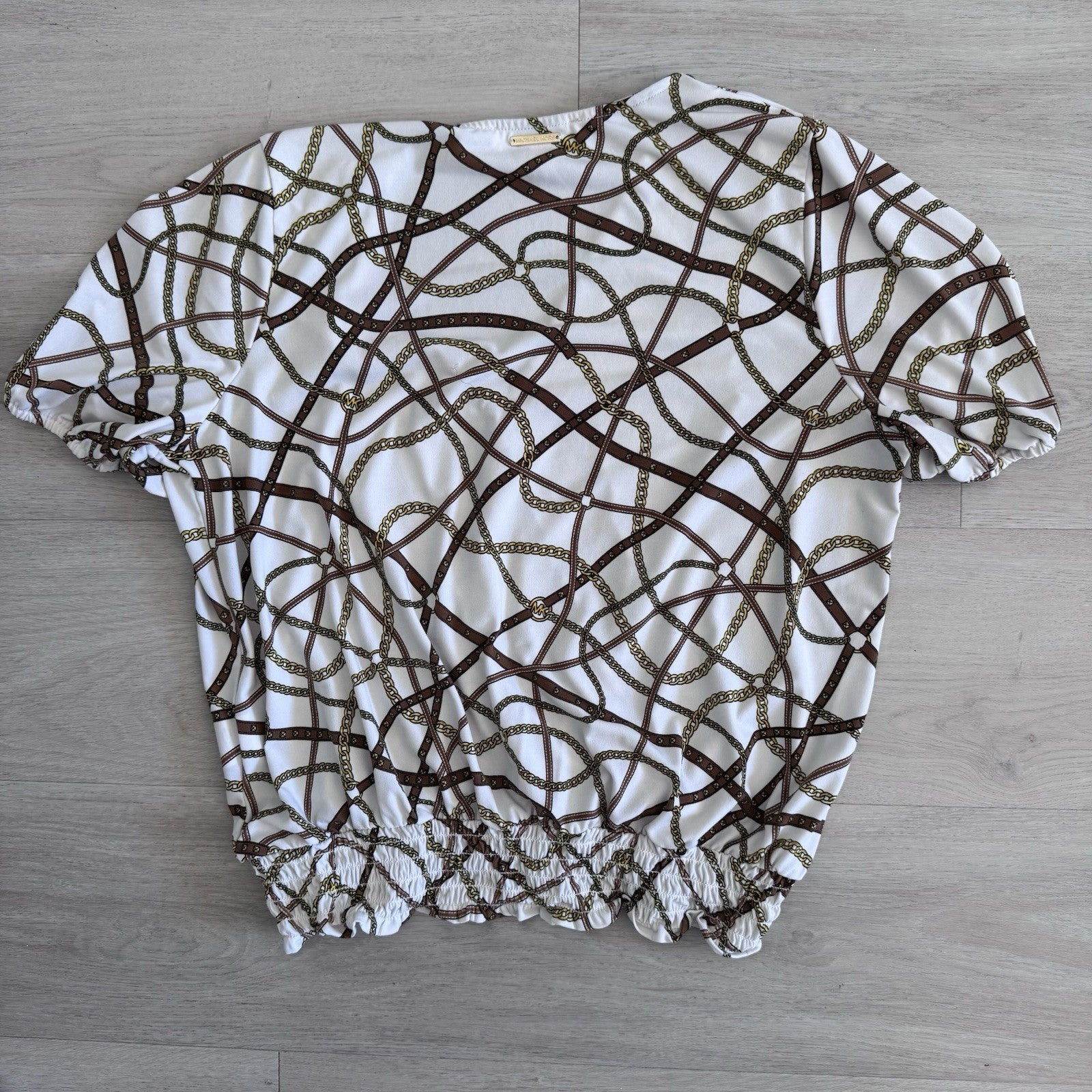 Michael Michael Kors Chain Print Wrap Top Womens Large White Gold Stretch