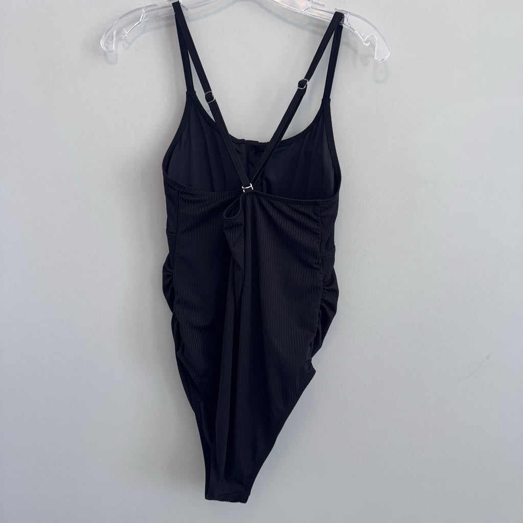 Summer Mae Black Ribbed Maternity One-Piece Swimsuit Button Front V-Neck Medium