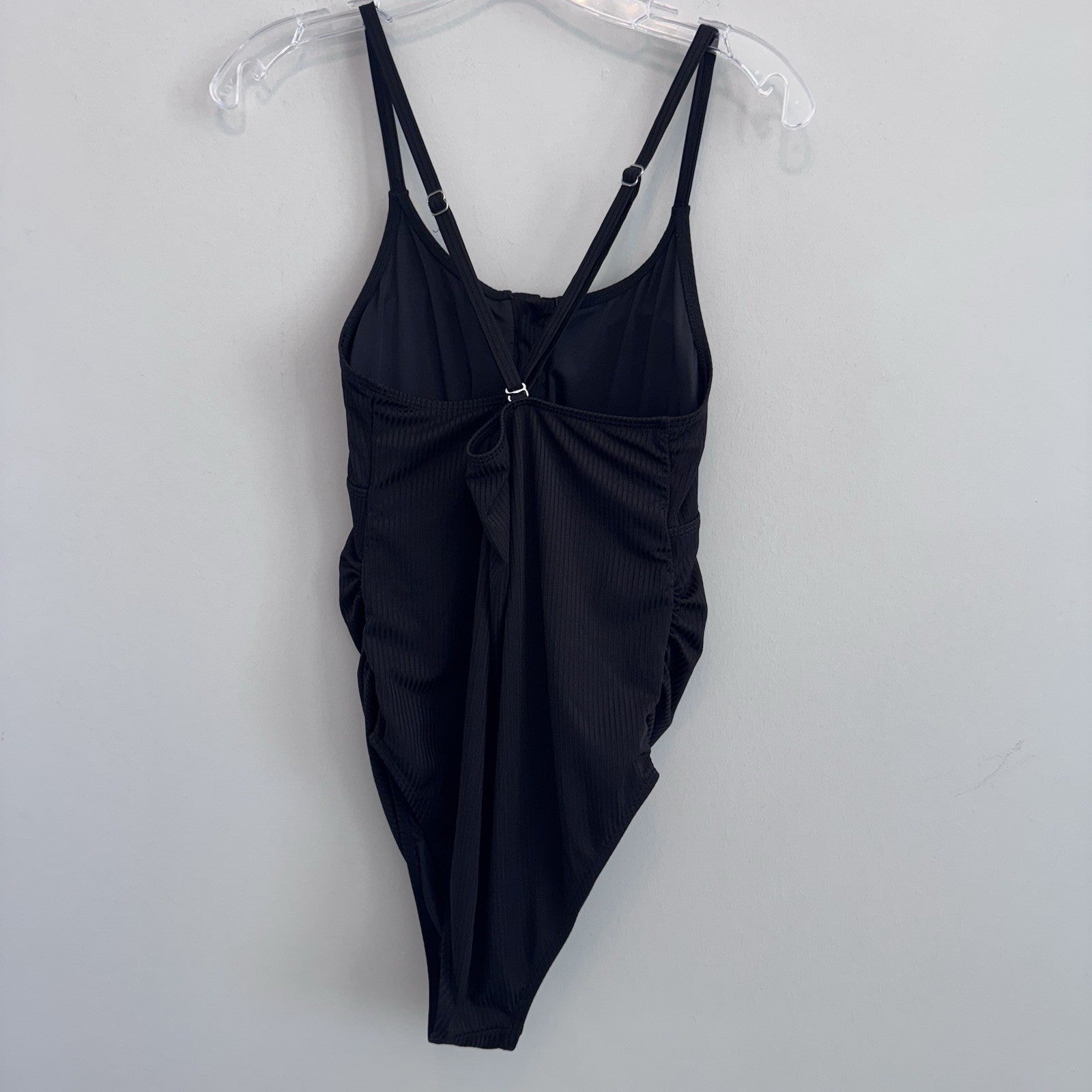 Summer Mae Black Ribbed Maternity One-Piece Swimsuit Button Front V-Neck Medium